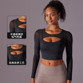 mesh translucent sexy double patchwork tight long sleeves tight elastic yoga wear sports fitness tops for women