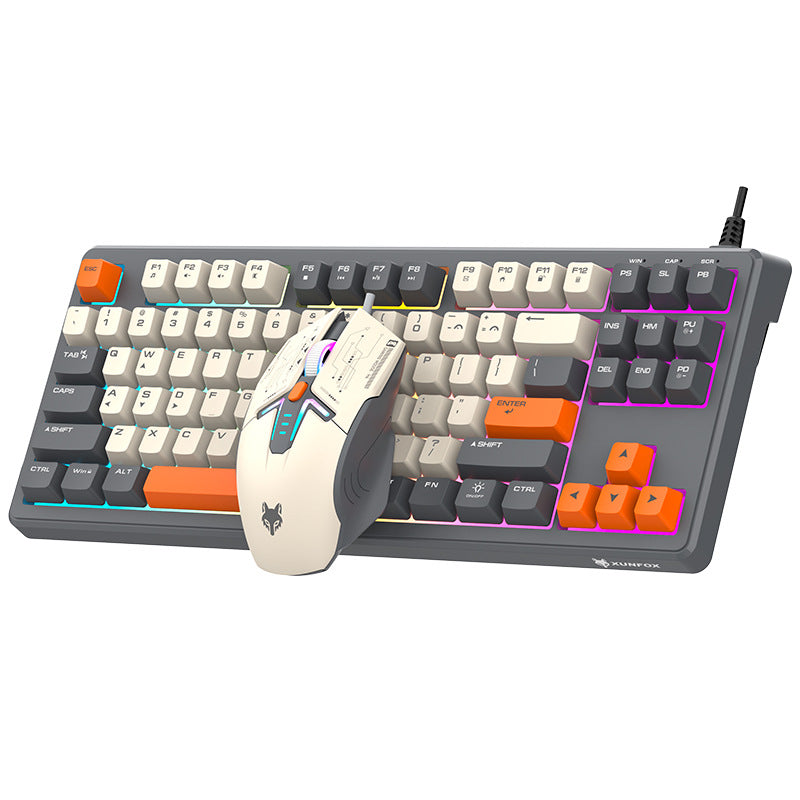 Dazzling silver fox k600 wired keyboard and mouse combo - 87-key rainbow backlit tri-color keycap office & business set