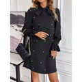 e-commerce  early spring independent store european and american women's clothing tie-up beaded long-sleeved solid color dress