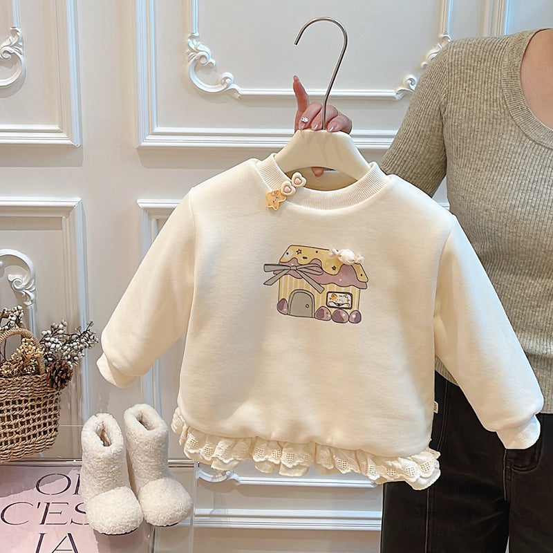 Girls' autumn/winter three-layer quilted padded cotton coat, baby girl long-sleeve sweatshirt, kids' warm top, trendy children's clothing