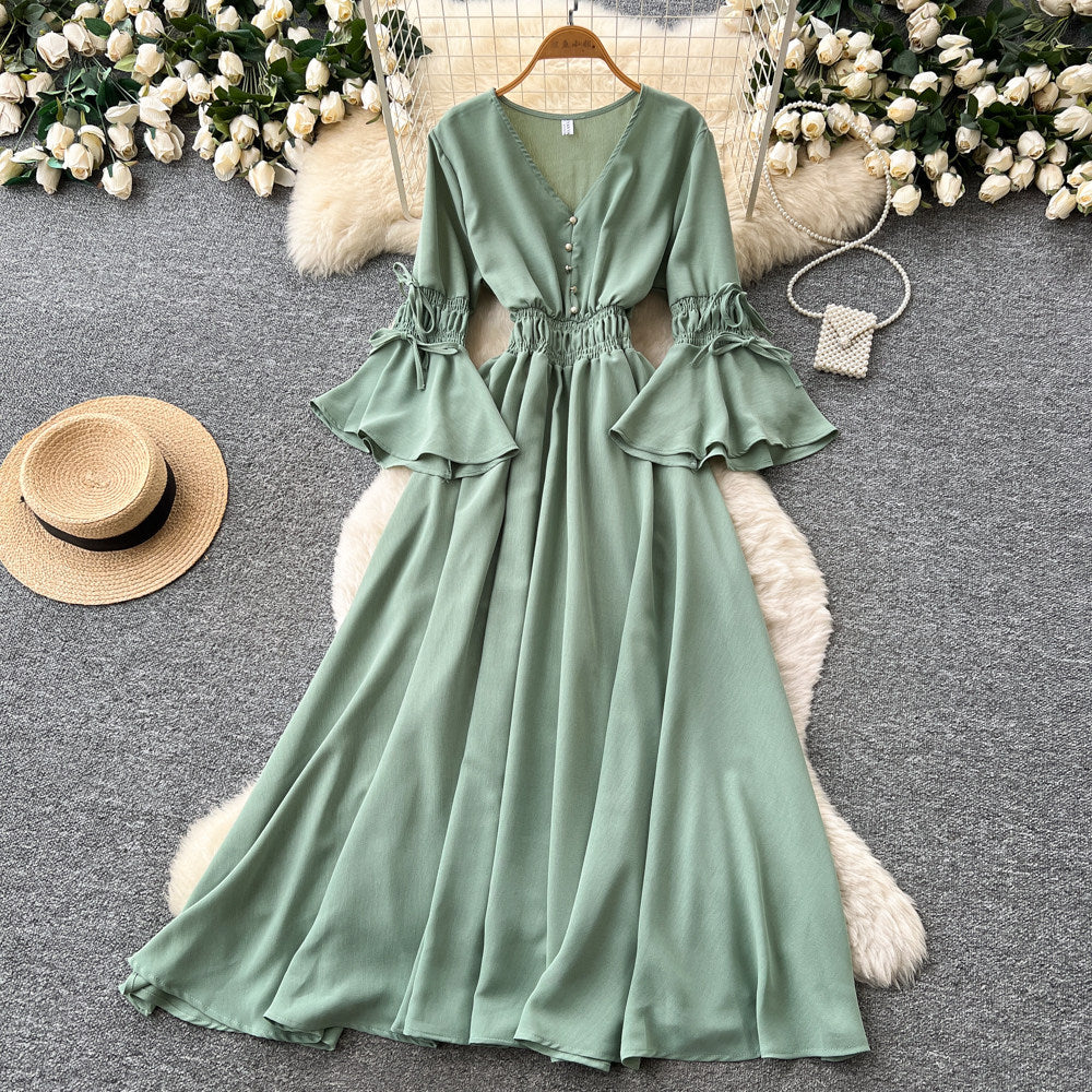 Vintage chic lantern sleeve v-neck tie-up dress - spring korean style women's red slimming waist elegant maxi dress