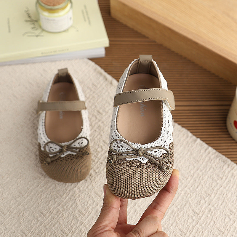 Vancahao children's shoes  spring and autumn new soft sole leather shoes korean style girls' hollow lace bow princess shoes