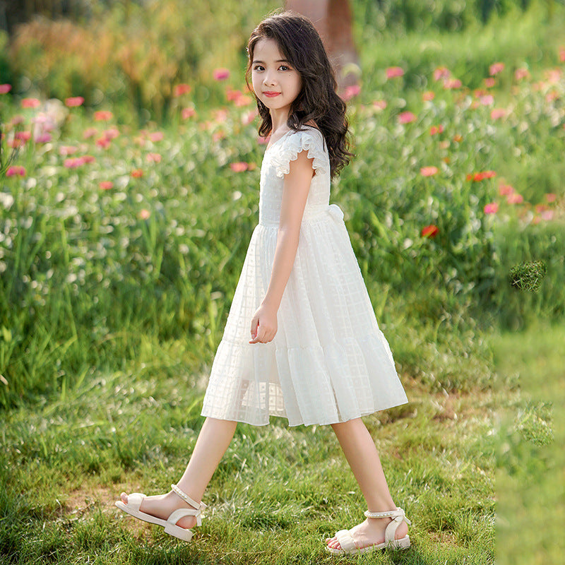 new korean style girls' princess dress - summer lightweight square neck printed chiffon short sleeve dress for children