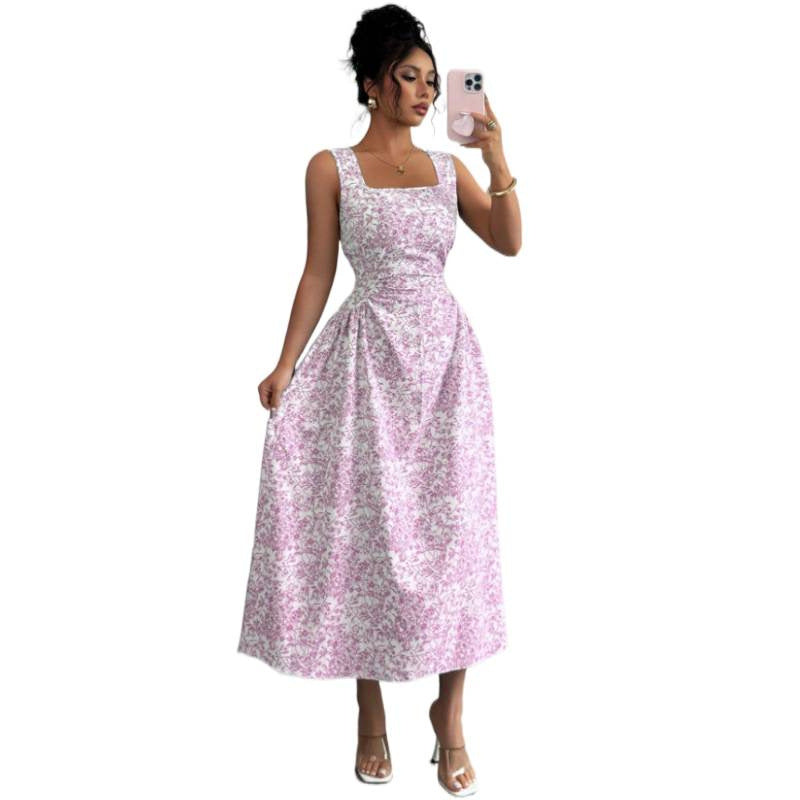 Shipped:  new summer collection - women's slim-fit, figure-flattering, square neck, sleeveless printed dress for cross-border e-commerce