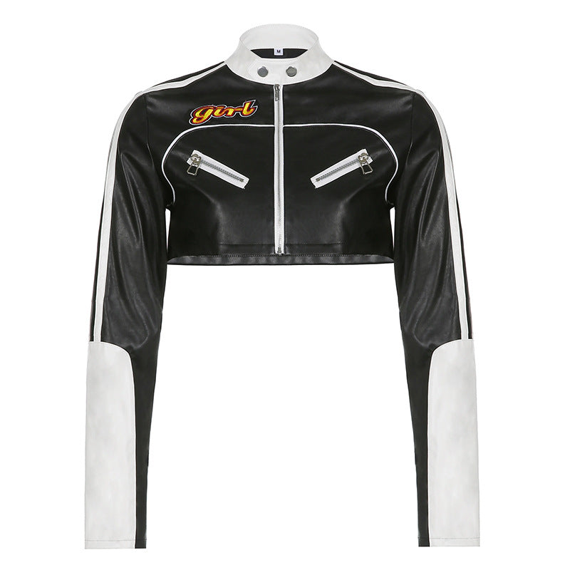 C27414 autumn and winter European and American street fashion women's clothing locomotive letter embroidery PU leather short jacket baseball jacket jacket