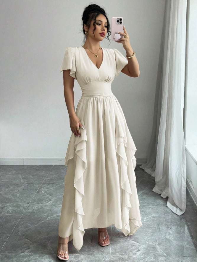 summer new arrival: v-neck slim-fit long dress - pleated, slimming, and fashionable
