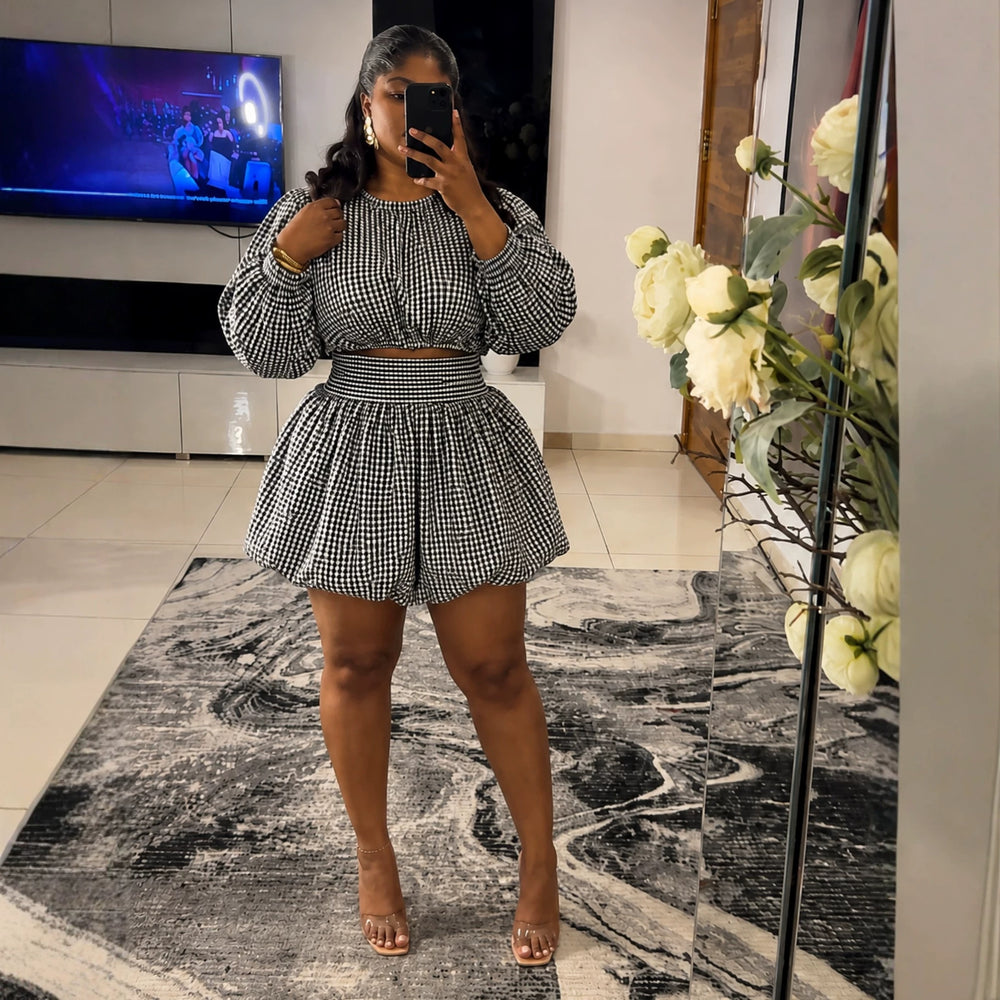 European and american women's clothing  autumn new collection: sweet and fresh round neck lantern sleeve cropped shirt and high-waisted skirt pant two-piece set