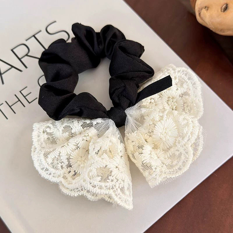 Sweet bowknot hair tie - lace double layer, gentle korean style, fashionable embroidered retro hair rope, elegant