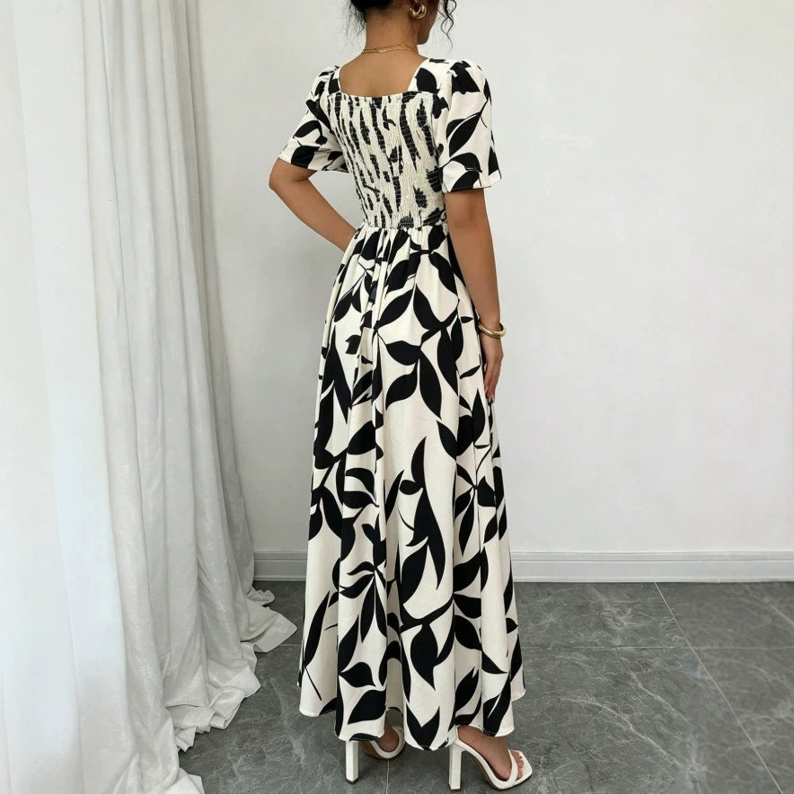european and american new style black and white large leaf print square neck midi dress with drawstring waist and short sleeves