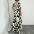 european and american new style black and white large leaf print square neck midi dress with drawstring waist and short sleeves