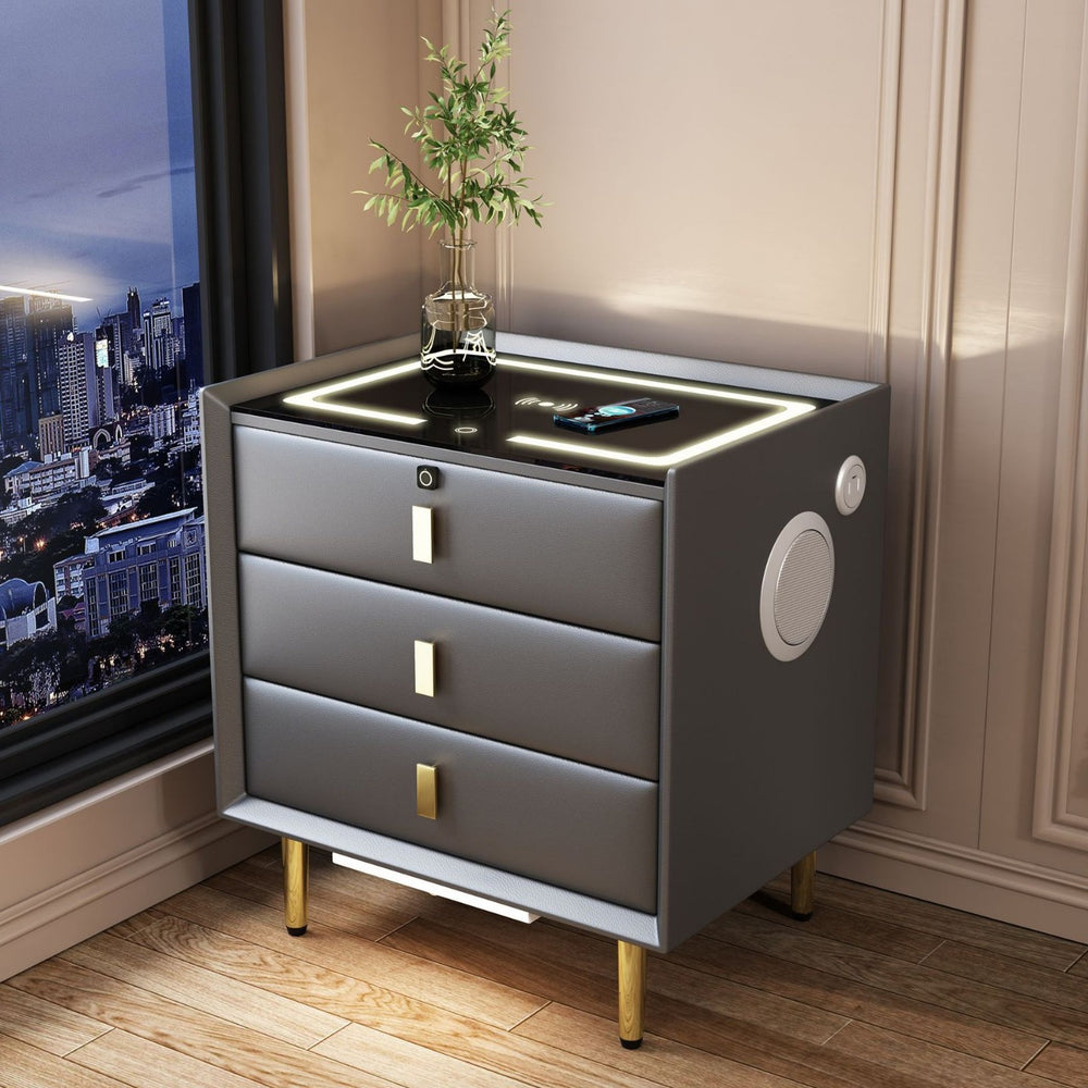 Smart nightstand - modern minimalist, new luxury solid wood bedside table with wireless charging and multiple functions for bedroom