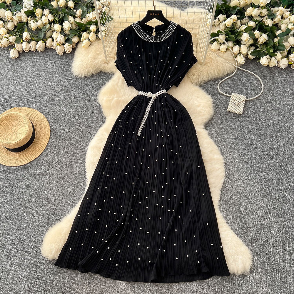 summer women's niche high-end beaded round neck short sleeve tie-waist pleated dress