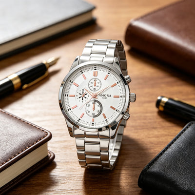 three-eye men outdoor sports steel belt stainless steel fashion business luminous men quartz watch