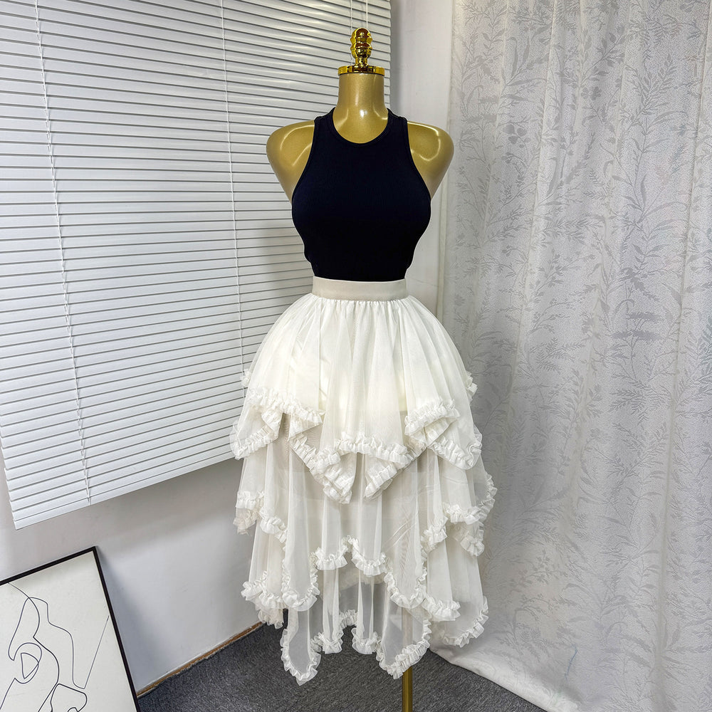 export elastic waist mesh ruffle asymmetrical tiered cake skirt midi high waist a-line midi skirt
