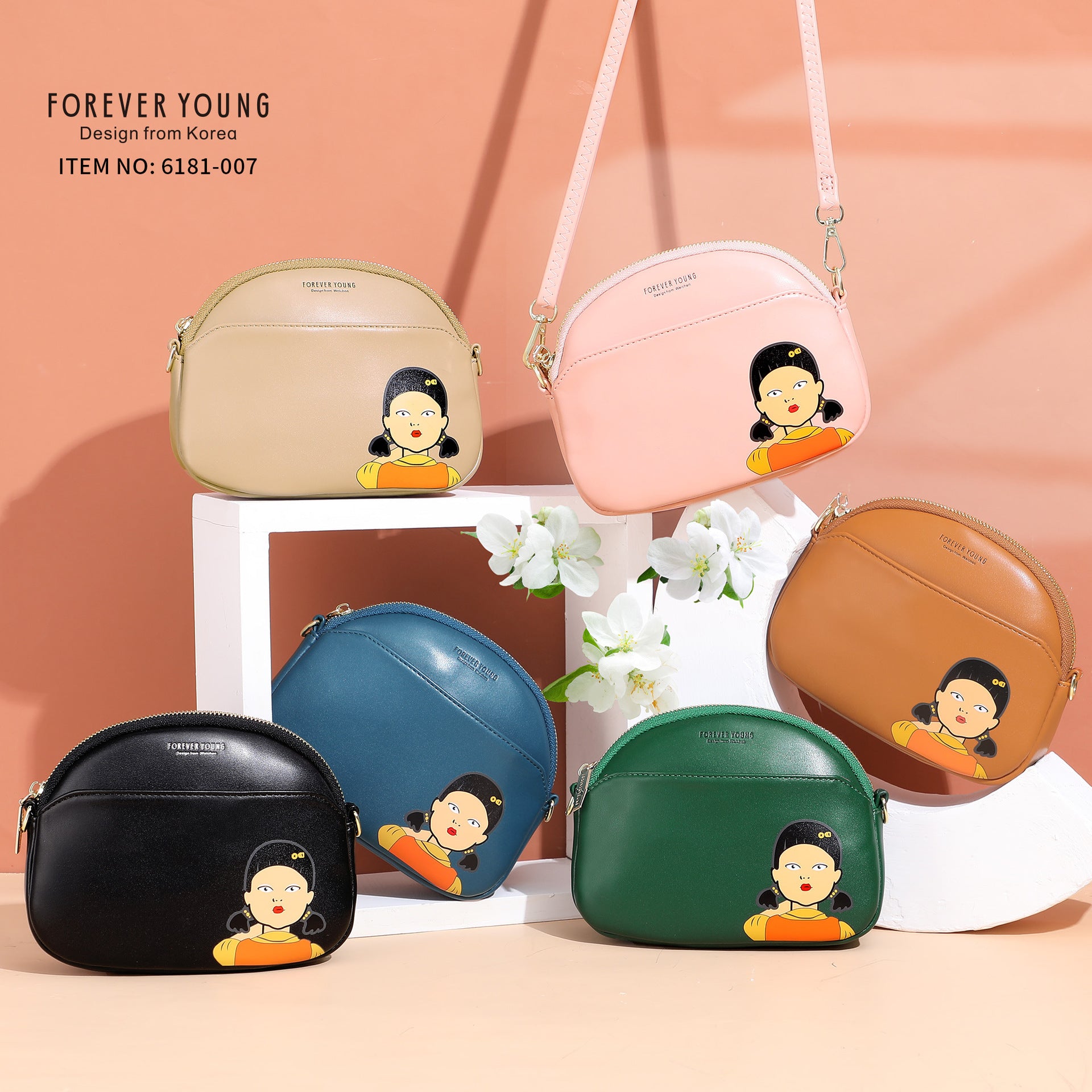 Foreveryoung simple PU women's bag Korean shoulder bag student messenger bag printed double zipper mobile phone bag