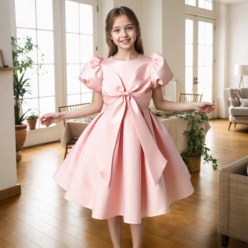 Ready-to-ship, hot-selling girls' luxury satin dress – a unique and fashionable princess gown with a sweet and elegant style, perfect for birthdays and first birthdays