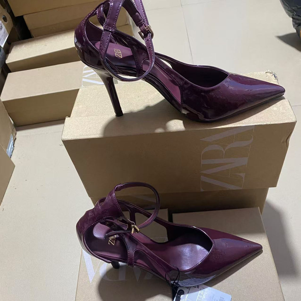 Za2024autum pointed toe burgundy high-heeled sandals thin heel back strap daily easiest for match whitening high-heeled sandals for women