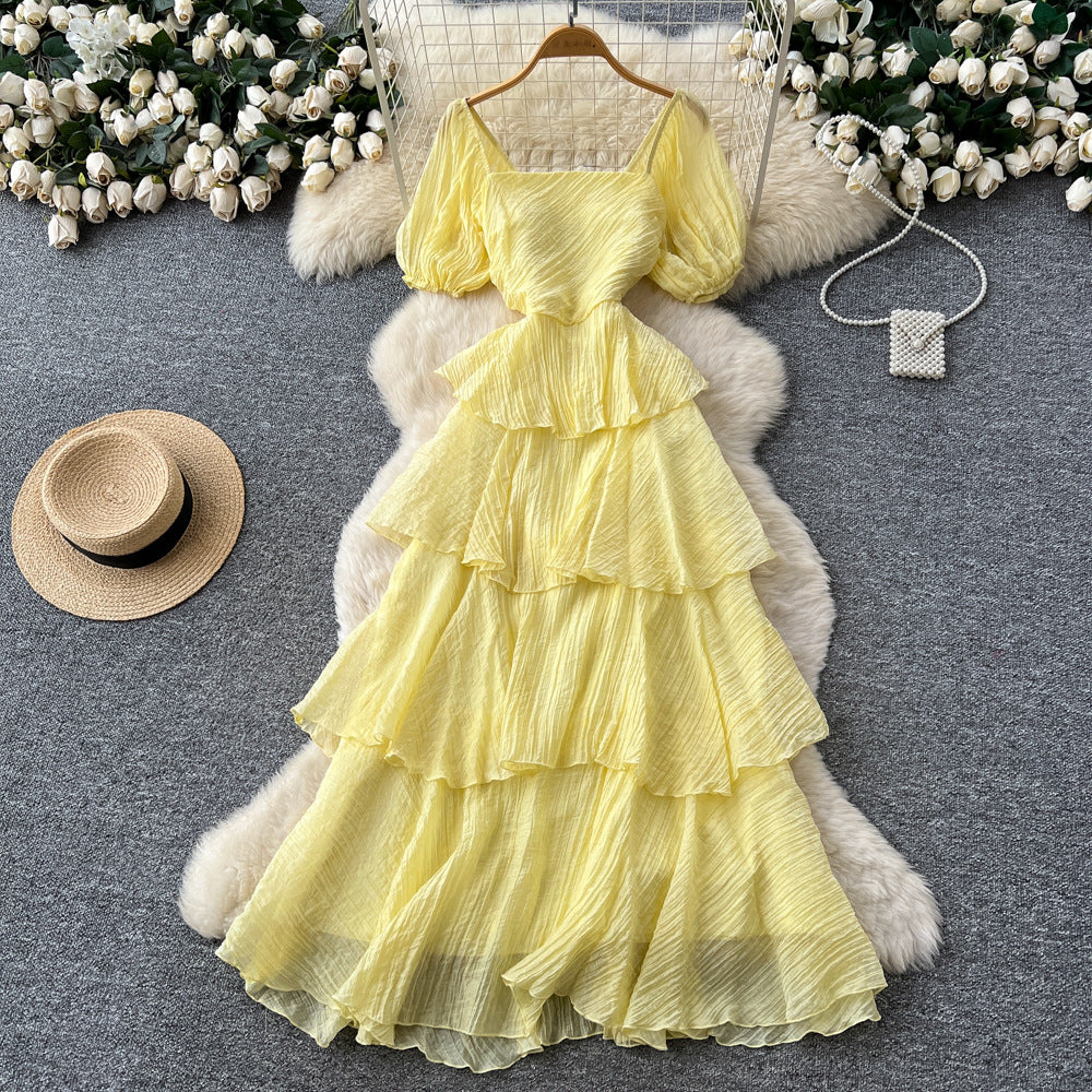 French riviera style puff sleeve square neck dress - women's summer slimming a-line maxi dress with tiered ruffle hem