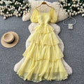 French riviera style puff sleeve square neck dress - women's summer slimming a-line maxi dress with tiered ruffle hem