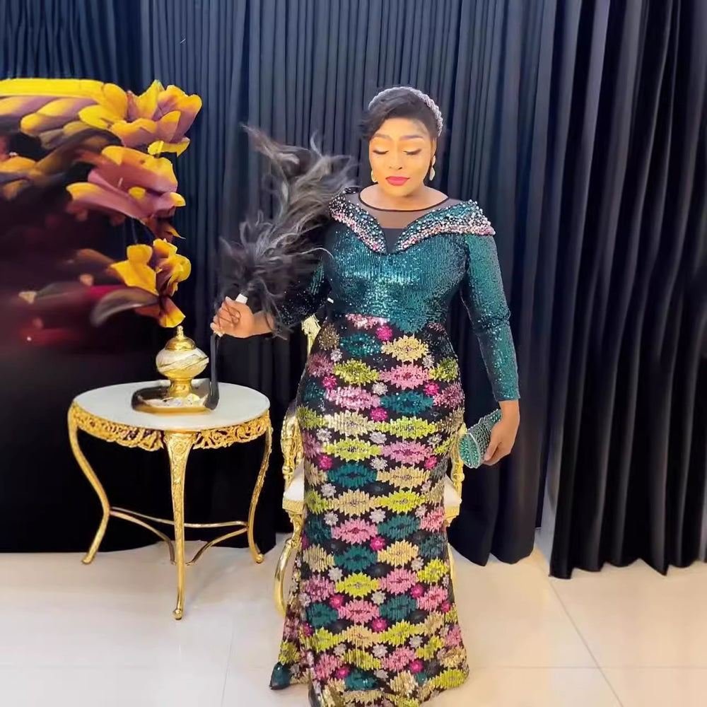 Special offer: new fashion african-inspired long sleeve sequin evening gown - women's slim fit mermaid dress (non-cross border supply)