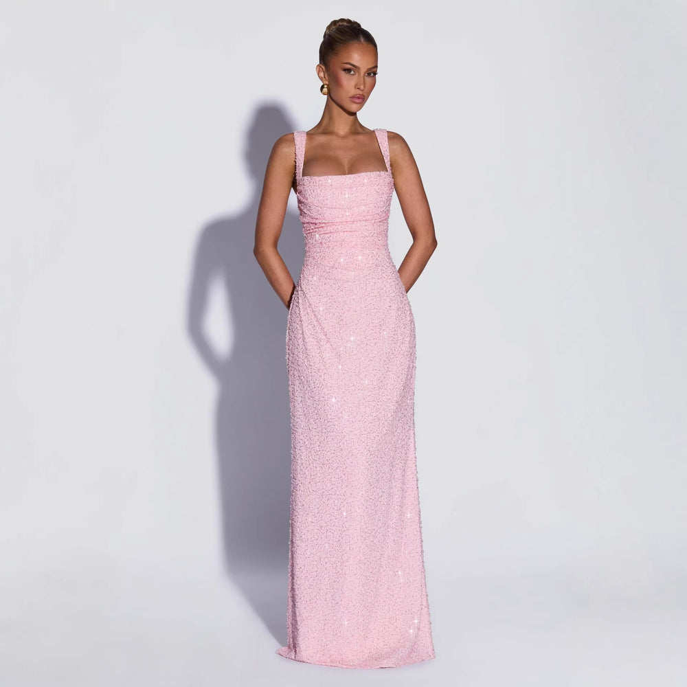 Stylishsequinpure colortube topdress women's springnew arrivalsleevelessfashionsling slit waist long skirt