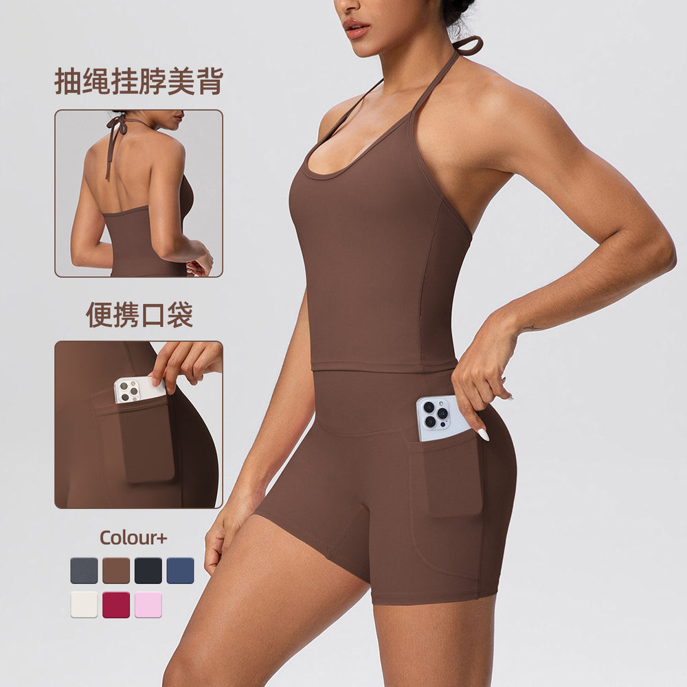pure color brushed beautiful back tight strap halterflap pocket pants yoga suit sports running shortstwo-piece set