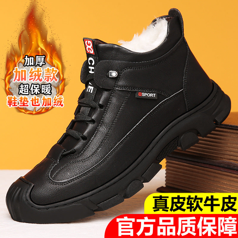 【genuine leather】men's winter cotton shoes - warm wool lined, extra thick, casual high-top, non-slip
