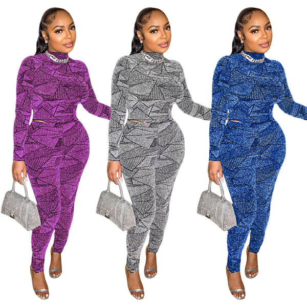 S390435  women's clothing autumn and winter new simple fashion solid color semi-turtleneck pullover silver silk top trousers set