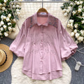 Imperial style, heavily embellished, rhinestone-adorned lantern sleeve single-breasted blouse - women's  summer loose fit, versatile, casual, european and american top