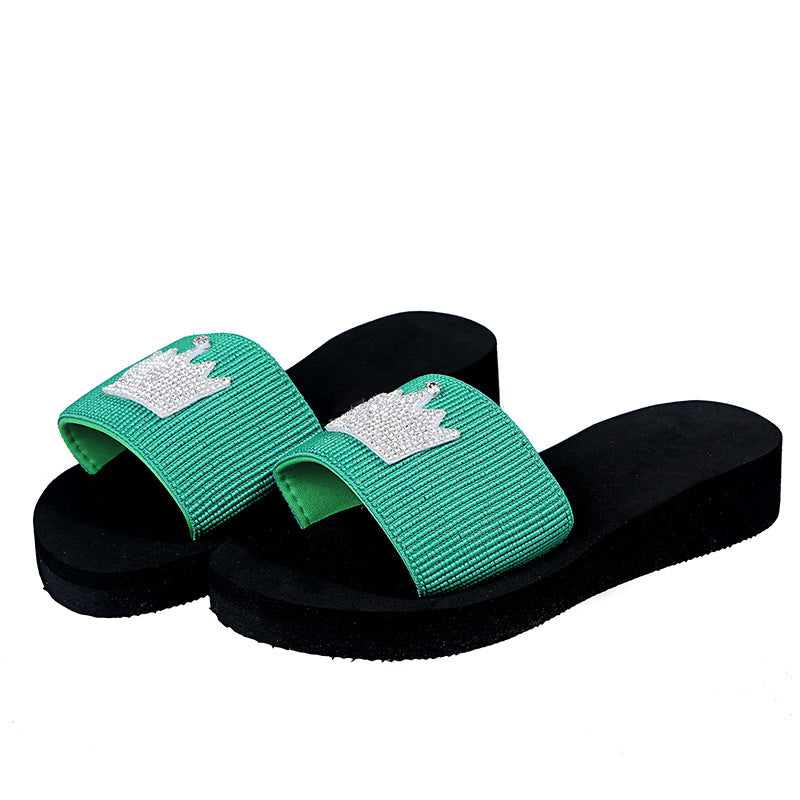 Women's slippers 2024 summer new trendy candy color rhinestone flat crown outdoor thick sole one-strap sandals