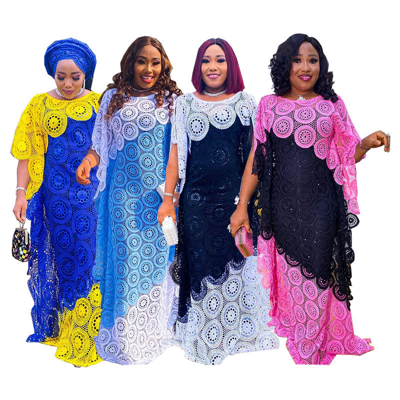 Export african women's plus size embroidered lace color block loose batwing sleeve robe maxi dress