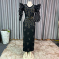 New fashion slim-fit african cross-border supply: rhinestone & beaded organza ruffle sleeve evening dress/gown