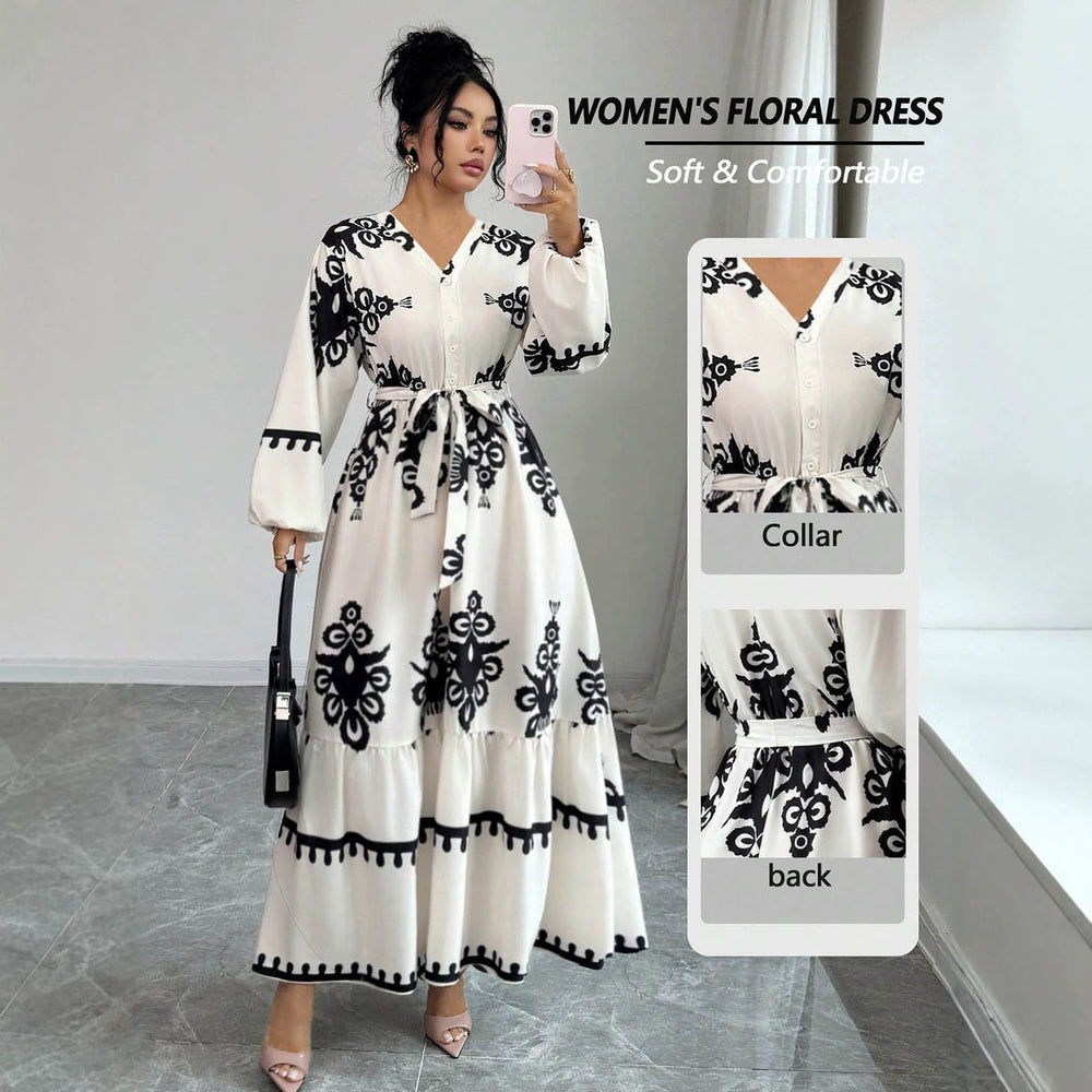 Vintage ethnic print maxi dress - v-neck, single-breasted, lantern sleeves, tie-waist, ruffle hem