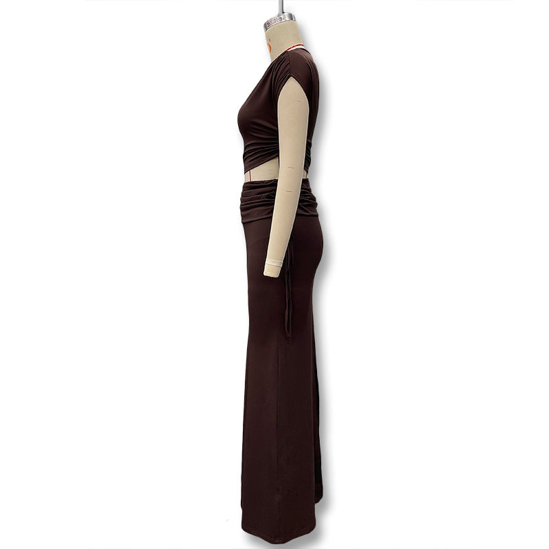 spring/summer new arrivals: european & american style women's solid color tie-up one-shoulder top and slit midi skirt set