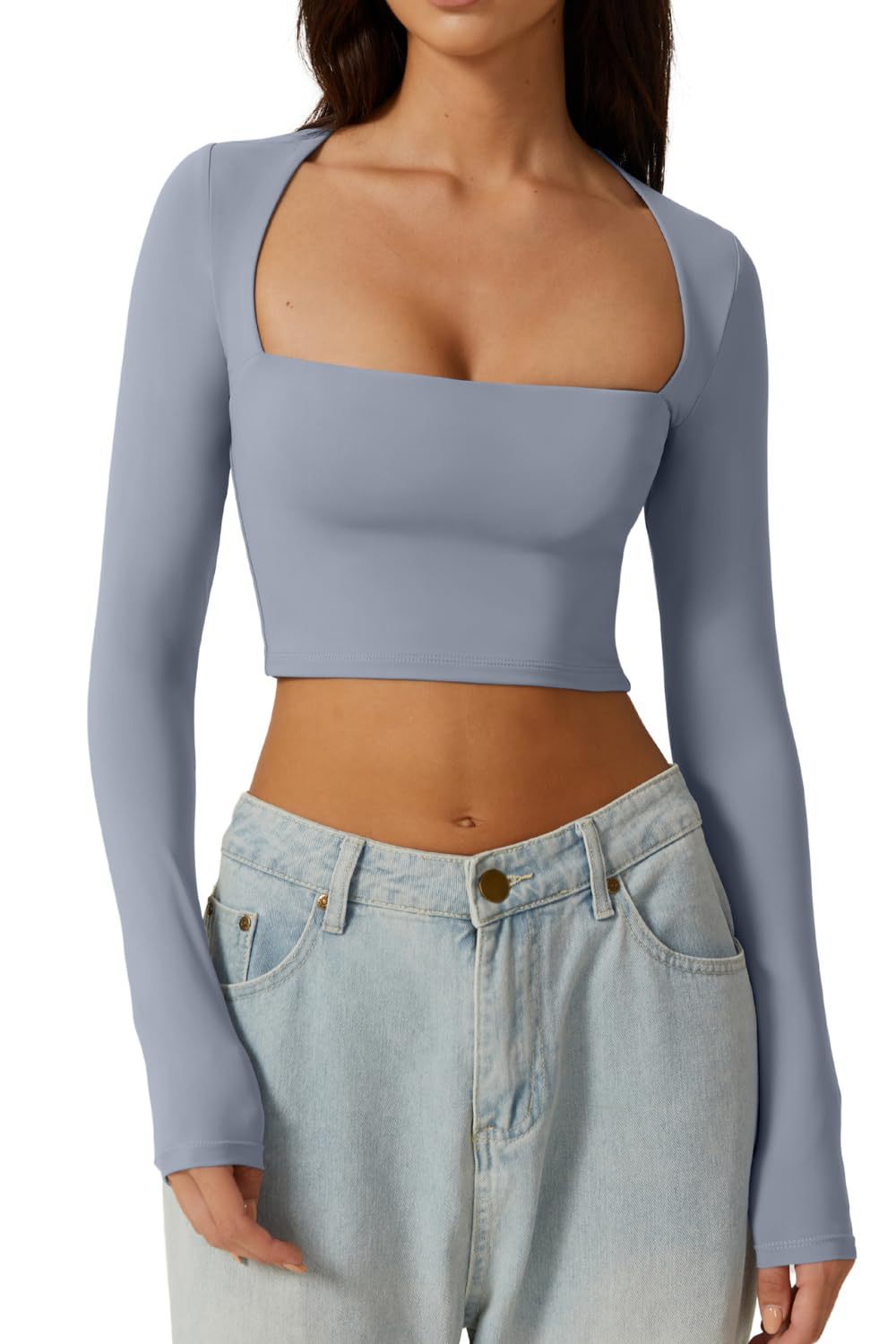 european and american autumn women's slim-fit cropped top: solid color square neck base layer, gentle long-sleeve square neck short top