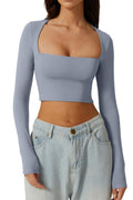 european and american autumn women's slim-fit cropped top: solid color square neck base layer, gentle long-sleeve square neck short top