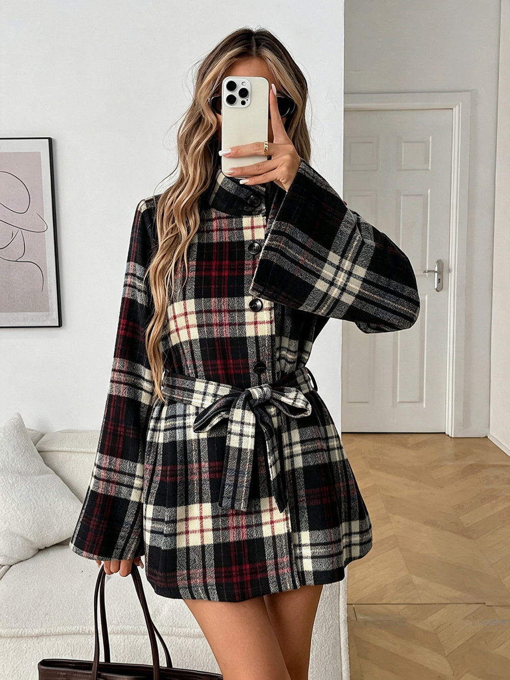 1688fashioncontrast colorplaidwoolentops lapel double breastedlooseslimming lookflared sleevesshortplaidoutwear