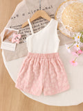 Baby clothing kids setwhite vest + pink shorts two-piece set children's clothing suit cross-border
