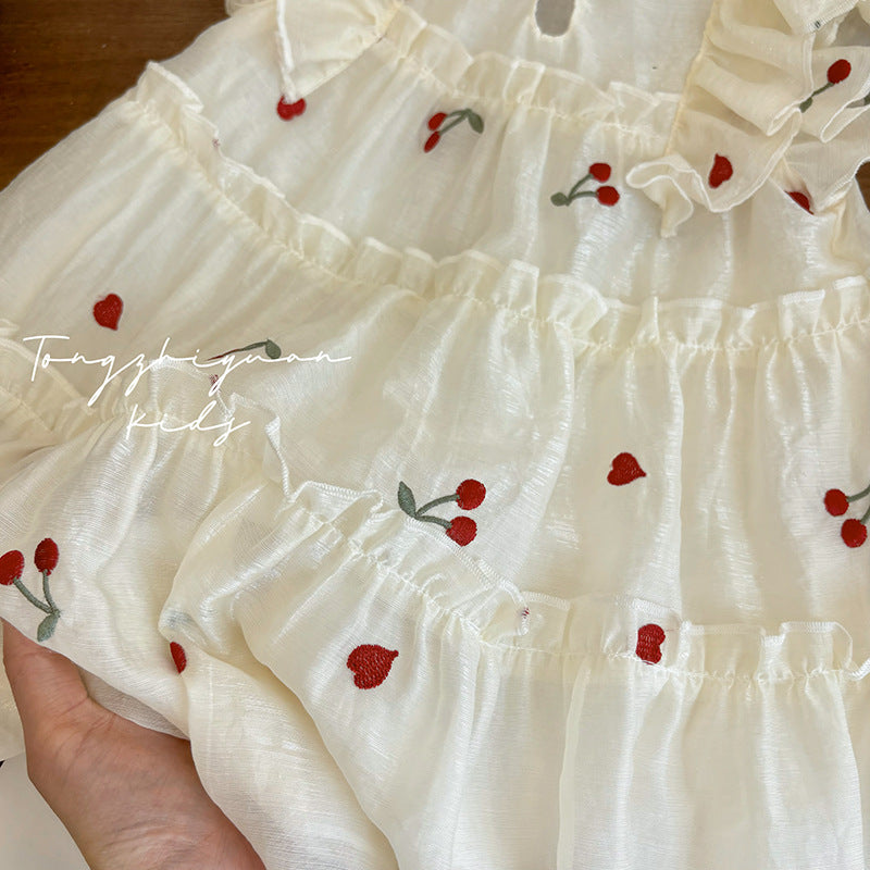 Girls' summer new cherry embroidered dress - casual, stylish, and high-quality european-inspired children's wear for baby girls