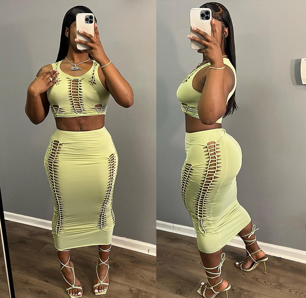 European and american style cross-border women's clothing  summer new sexy hot girl hollow-out round neck tank top bodycon midi skirt set
