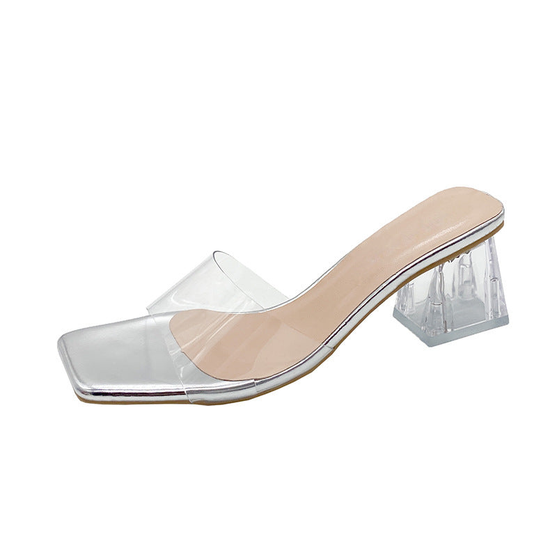 Transparent crystal slippers for women's outer wear 2024 summer new thick high-heeled square-toed open-toed slippers for women's summer outer wear
