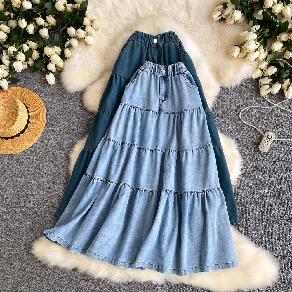 K-style denim a-line fashioneasiest for match skirt women's summerhigh waistslimming look elastic waist cake skirt long skirt work clothing