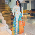 European and american style ins cross-border fashion patchwork women's clothing printing street work clothing a-line skirt round neck long sleeves waist dress