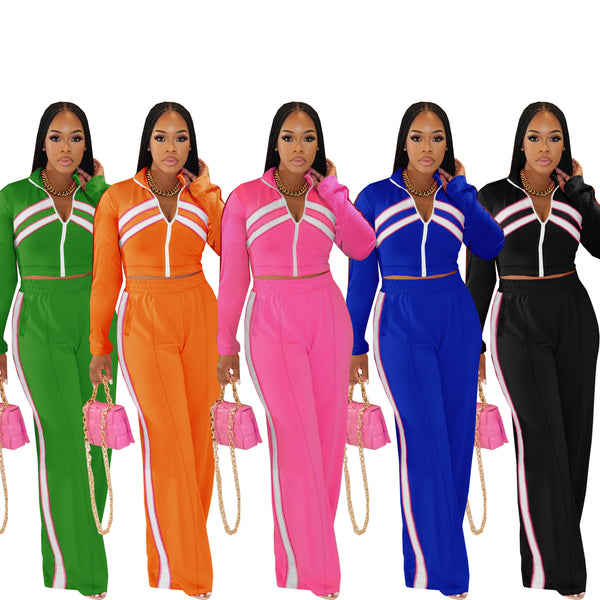 TW554-1  Europe beautiful woman personality street contrasting splicing temperament commuting thin two-piece sportswear