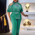new rhinestone & beaded african  plus size women's autumn outfit: irregular top + pants two-piece set