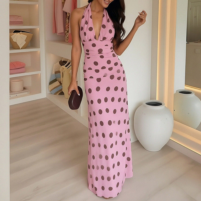 cross-border e-commerce women's fashion: european and american summer new arrivals - elegant v-neck polka dot backless halter dress