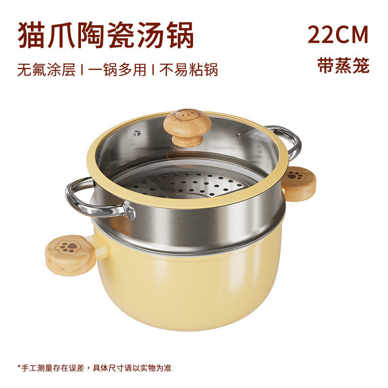 New cat paw ceramic glazed soup pot - multifunctional steamer and cooker combo - universal for home use - compatible with all stovetops - flat bottom non-stick