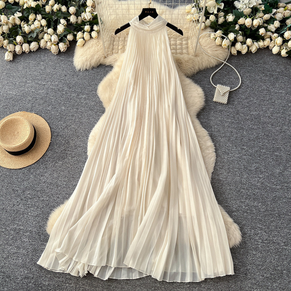 Vacation style halter sleeveless pleated dress women's springk-style heavy industry pleated high waist a-line large swing long skirt