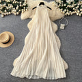 Vacation style halter sleeveless pleated dress women's springk-style heavy industry pleated high waist a-line large swing long skirt