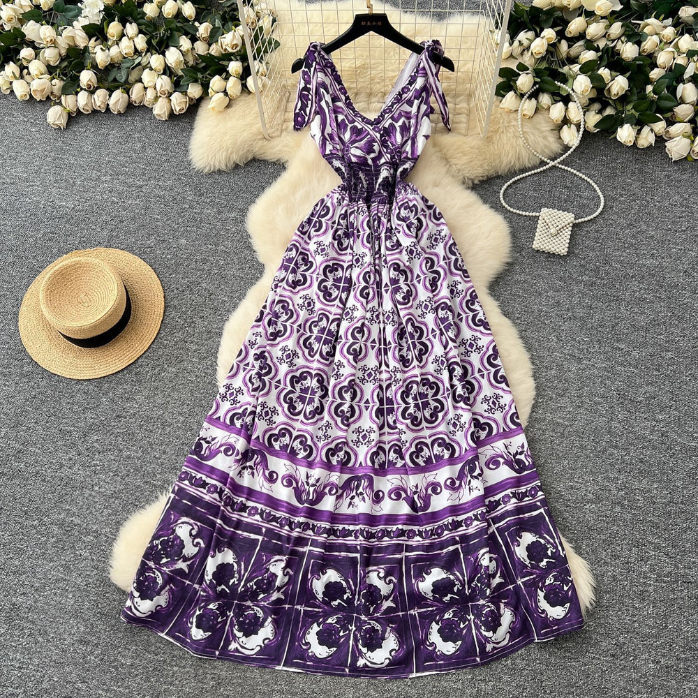 Frenchretrotie back suspender dresssummer women's sense of designniche style waist slimming look large swing floral long skirt
